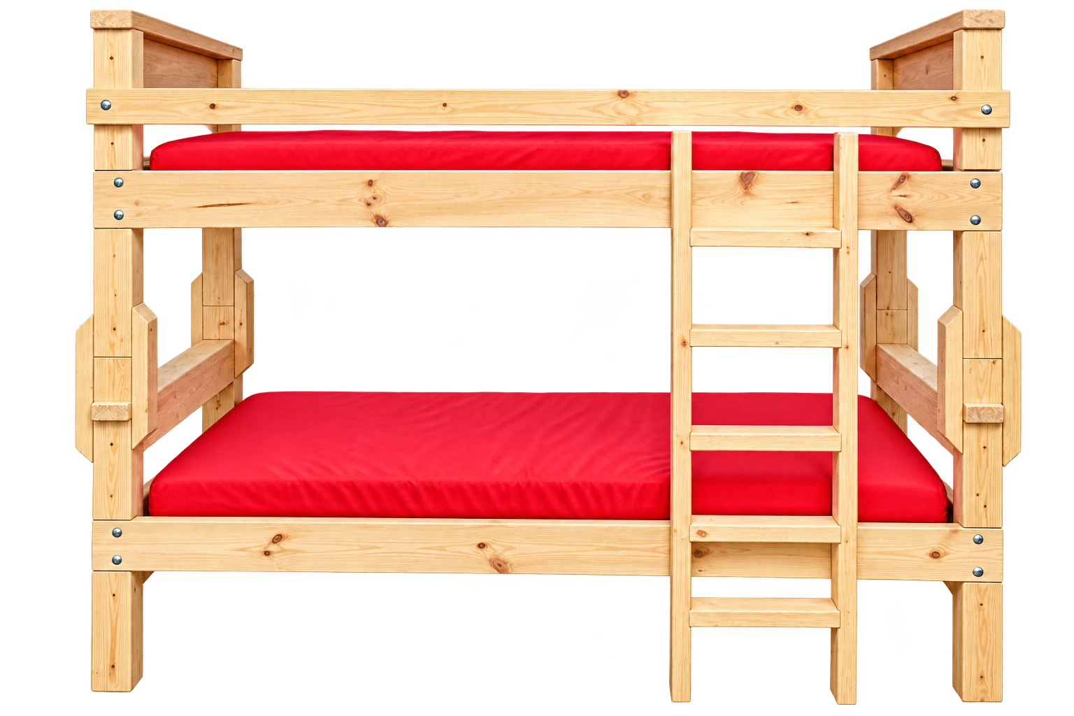 A finished Beds4Kids bunk bed with bright red mattresses